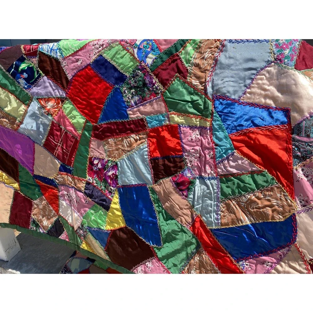 1940s Vintage Crazy Quilt with Matching Throw Pillow: Novelty Print Fabrics